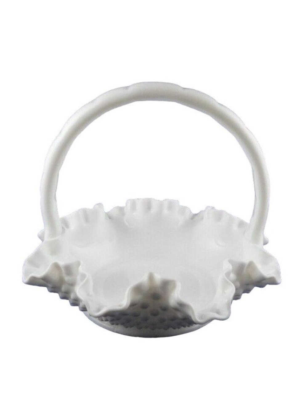 Fenton Hobnail Milk Glass Ruffled Basket 7 1/2" Wide With Curved Handle